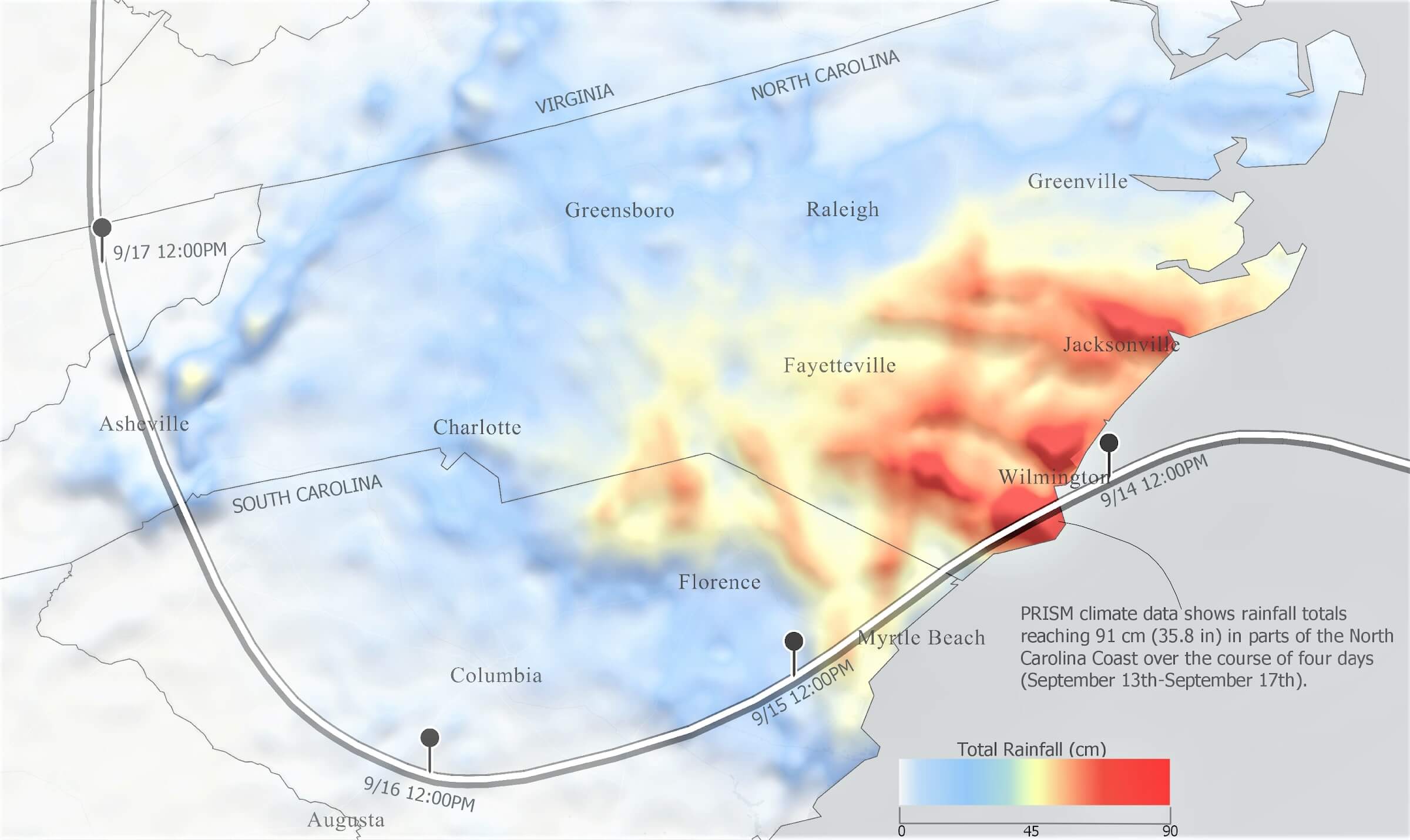 Hurricane Florence Path and Precipitation Map