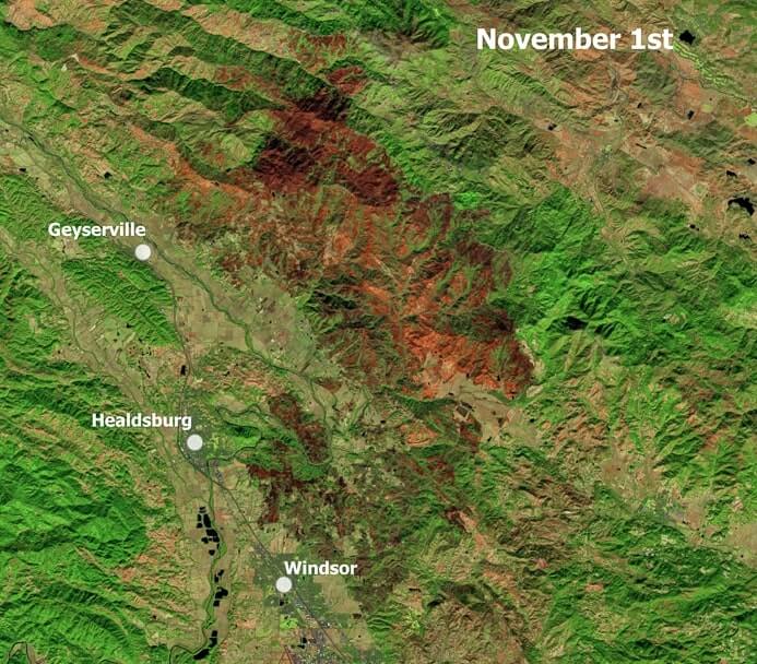 Sentinel-2 data showing the before/after burn scar damage - 
